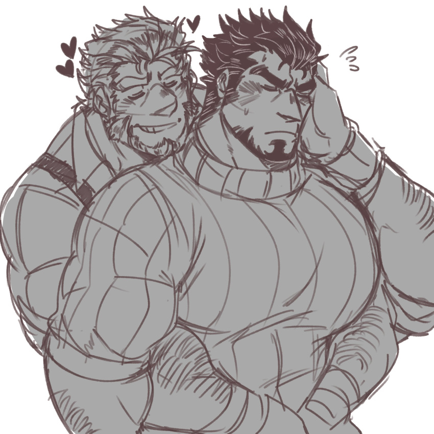 2boys arm_hair bara beard blush collared_shirt couple embarrassed facial_hair fire_emblem flying_sweatdrops garcia_(fire_emblem) gilliam_(fire_emblem) goatee greyscale grin hair_slicked_back hand_on_own_face heart highres hug hug_from_behind juggermelon large_pectorals long_sideburns male_focus mature_male monochrome multiple_boys muscular muscular_male pectorals shirt short_hair sideburns sketch sleeves_pushed_up smile striped striped_sweater sweater thick_eyebrows tight tight_shirt upper_body