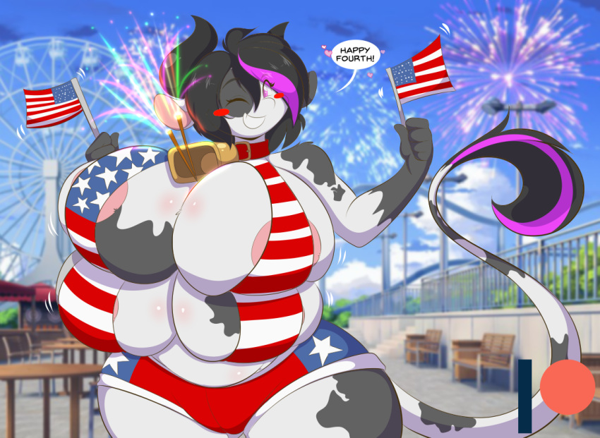 2020 4_breasts 4th_of_july amusement_ride anthro areola bell bell_collar big_breasts biped black_horn blacklight_(character) blush blush_stickers bovid bovine breasts cattle collar cowbell english_text female ferris_wheel fireworks flag holding_flag holding_object horn huge_breasts mammal mastergodai multi_breast one_eye_closed outside patreon patreon_logo red_collar smile solo speech_bubble stars_and_stripes tail tail_tuft text tuft united_states_of_america wink