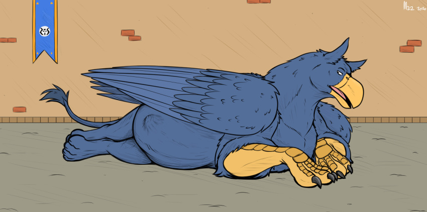 abdominal_bulge anthro anthro_prey avian banner blue_body blue_feathers blue_fur brick_wall digestion feathers feral feral_pred fur gryphon jagg_(thatgryphonguy) looking_at_belly lying male male_pred mythological_avian mythology on_side quadruped thatgryphonguy wall_(structure)