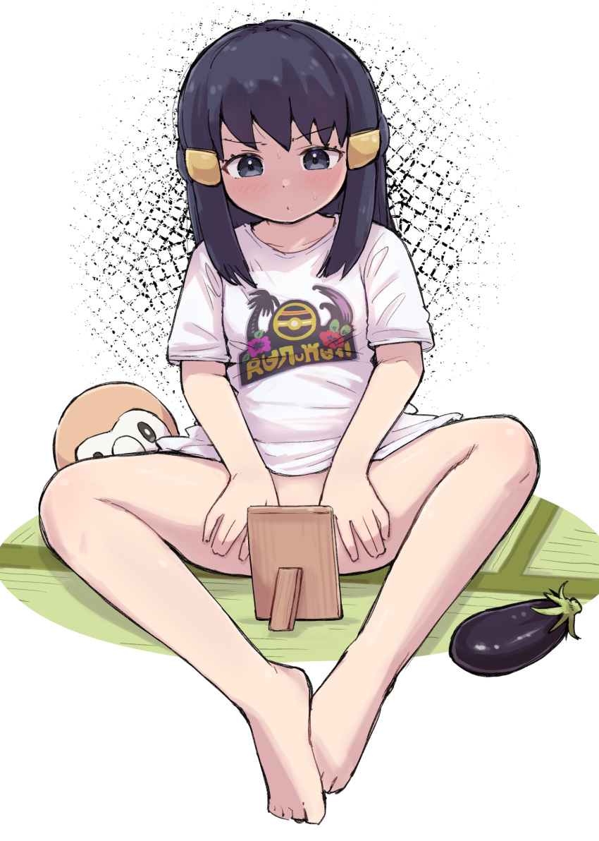 1girl akari_(pokemon) barefoot black_hair blush bottomless closed_mouth eggplant exploration eyelashes grey_eyes hair_ornament hairclip highres kutabireta_neko long_hair looking_down mirror pokemon pokemon_(creature) pokemon_(game) pokemon_legends:_arceus print_shirt rowlet shirt short_sleeves sidelocks sitting spread_legs sweat t-shirt toes white_shirt