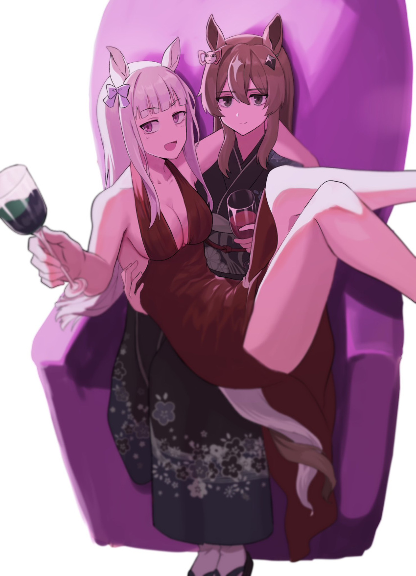 2girls alternate_costume alternate_hairstyle animal_ears bare_shoulders black_dress black_kimono blunt_bangs bow breasts brown_hair carrying cleavage collarbone couch cowboy_shot cup dress drinking_glass full_body gold_ship_(umamusume) hair_bow hair_ornament hand_on_own_shoulder hand_up highres holding holding_cup holding_goblet horse_ears hug japanese_clothes justaway kimono legs long_hair looking_at_viewer multicolored_hair multiple_girls on_couch princess_carry red_wine rukaruka_ek sitting sleeveless sleeveless_dress smile thighhighs two-tone_hair umamusume white_background white_hair wide_sleeves wine_glass yuri