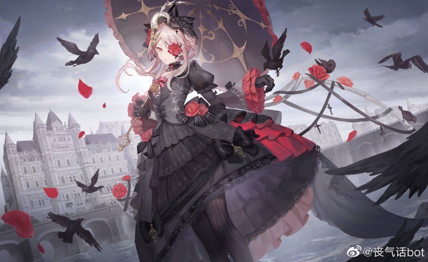 1girl bird black_bird black_bow black_corset black_dress black_gloves black_ribbon black_thighhighs black_umbrella bow braid breasts building cage closed_mouth cloud cloudy_sky corset cross crow dress earrings elizabeth_(masterwork_apocalypse) falling_petals feet_out_of_frame flower flower_over_eye frilled_sleeves frilled_umbrella frills gloves hair_flower hair_ornament highres holding holding_umbrella jewelry long_sleeves looking_at_viewer masterwork_apocalypse official_art one_eye_covered petals pink_hair puffy_long_sleeves puffy_sleeves red_dress red_eyes red_flower red_rose ribbon rose sang_qi_huabot short_hair_with_long_locks sidelocks single_earring sky small_breasts solo striped striped_thighhighs symbol_in_eye thighhighs two-tone_dress umbrella vertical-striped_thighhighs vertical_stripes water weibo_logo weibo_username wide_sleeves