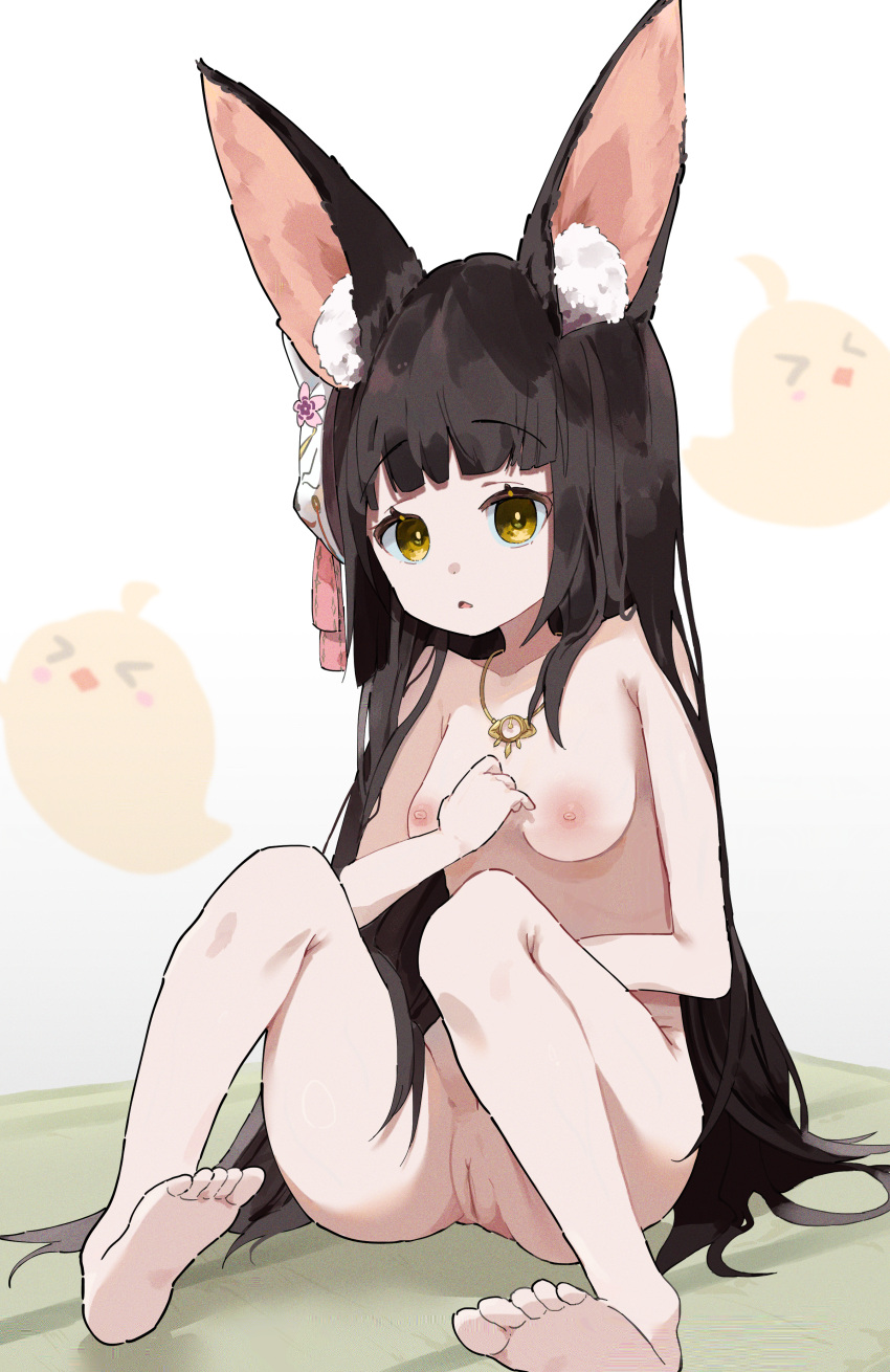 1girl absurdres animal_ear_fluff animal_ears azur_lane barefoot black_hair blunt_bangs breasts cleft_of_venus commission commissioner_upload feet fox_ears fox_mask full_body hand_on_own_chest highres jewelry knees_up long_hair manjuu_(azur_lane) mask mask_on_head medium_breasts nagato_(azur_lane) nagato_(great_fox's_respite)_(azur_lane) necklace nipples non-web_source parted_lips pussy sidelocks sitting skeb_commission solo tatami toes unitedunti very_long_hair white_background yellow_eyes