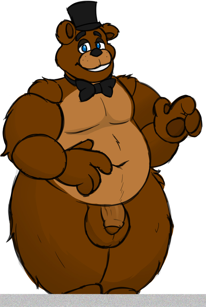 absurd_res anthro balls bear belly big_belly big_butt butt chubby_anthro chubby_male diggydog five_nights_at_freddy's freddy_(fnaf) fur genitals hi_res machine male mammal navel necktie penis robot scottgames smile smiling_at_viewer solo thick_thighs