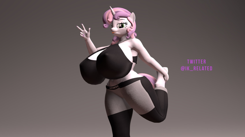 absurd_res anthro big_breasts breasts butt clothed clothing digital_media_(artwork) equid equine female friendship_is_magic hair hasbro hi_res horn horse ik_related looking_at_viewer mammal multicolored_hair my_little_pony pony simple_background smile solo sweetie_belle_(mlp) tongue two_tone_hair unicorn