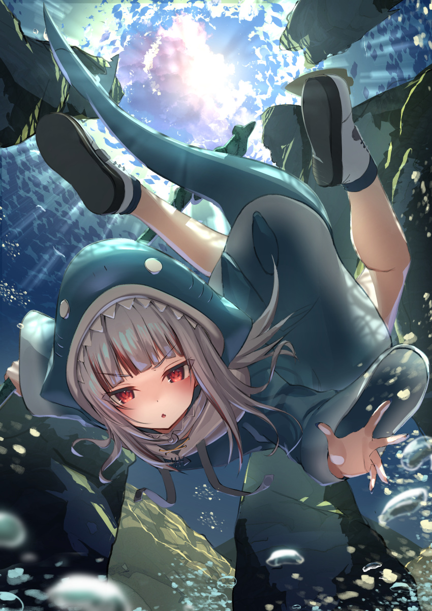 1girl :o absurdres alternate_eye_color animal_costume animal_hood blue_hair blue_hoodie blunt_bangs blush commentary determined fins fish_tail freediving full_body gawr_gura gawr_gura_(1st_costume) grey_hair highres hololive hololive_english hood hoodie inaba_teitoku long_hair long_sleeves looking_at_viewer multicolored_hair no_pants parted_lips red_eyes reflect_(gawr_gura) shark_costume shark_girl shark_hood shark_tail solo streaked_hair tail underwater v-shaped_eyebrows virtual_youtuber white_footwear wide_sleeves