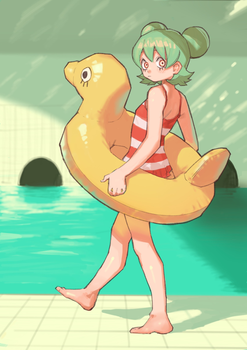 1girl bare_arms bare_shoulders barefoot bukimi_isan closed_mouth double_bun from_side full_body green_hair hair_bun highres innertube kfufu_(shy) looking_to_the_side one-piece_swimsuit red_one-piece_swimsuit short_hair shy_(series) solo striped striped_one-piece_swimsuit swimsuit two-tone_swimsuit water white_one-piece_swimsuit