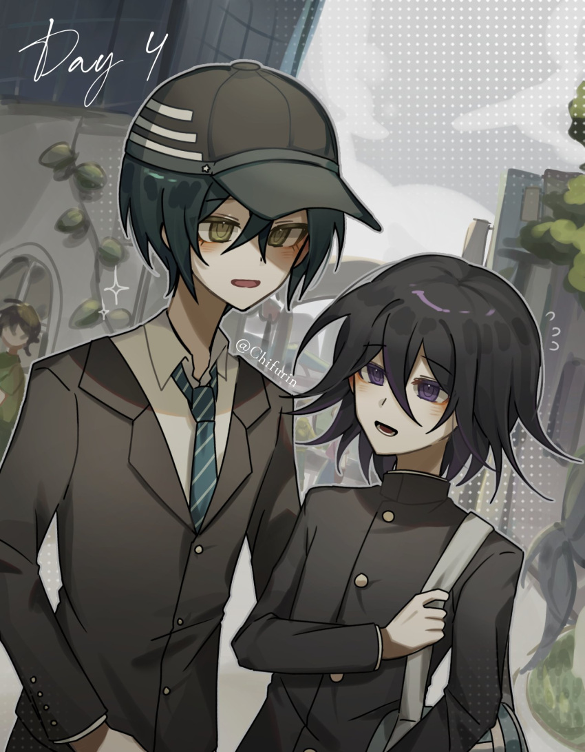 2boys ahoge artist_name bag black_hair black_jacket brown_eyes buttons chifurin collared_shirt danganronpa_(series) danganronpa_v3:_killing_harmony flipped_hair hair_between_eyes highres jacket long_sleeves looking_at_another male_focus multiple_boys necktie official_alternate_costume oma_kokichi open_mouth outdoors purple_eyes saihara_shuichi school_uniform shirt short_hair shoulder_bag smile striped_necktie teeth upper_body