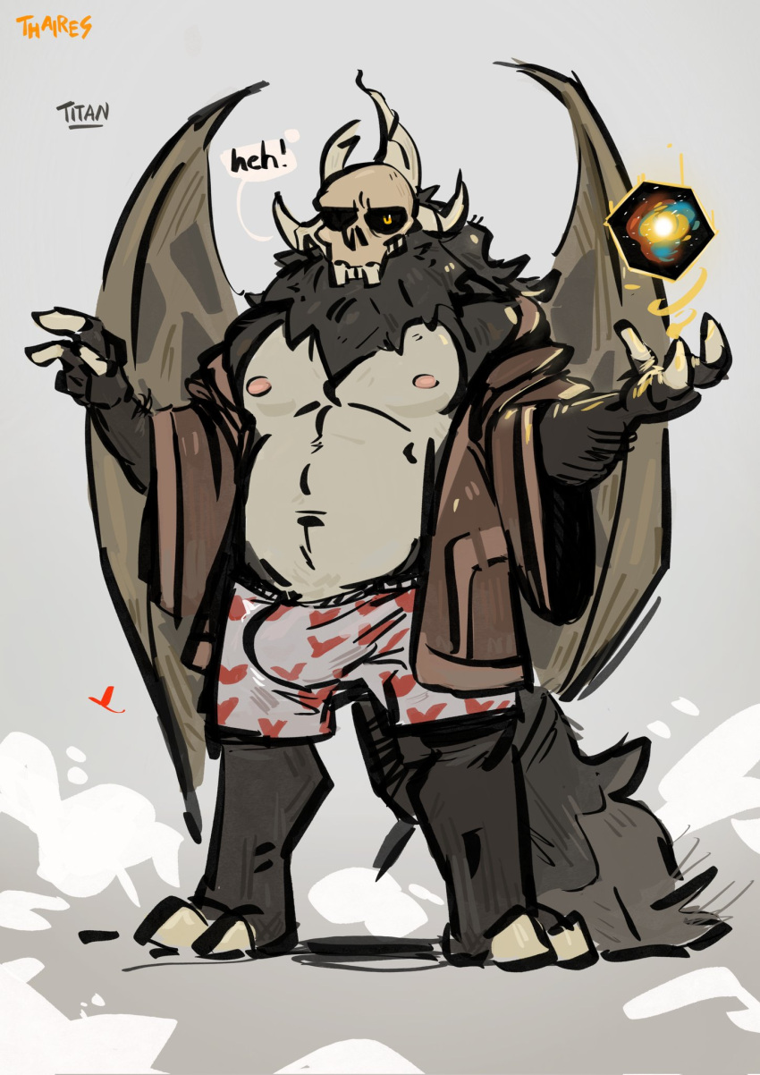 &lt;3 4_horns anthro belly black_body black_fur bone bottomwear bulge claws clothed clothing disney facial_hair fur hi_res hooved_toes hooves horn looking_at_viewer magic male multi_horn musclegut neck_tuft nipples overweight overweight_anthro overweight_male papa_titan_(the_owl_house) pecs robe skull skull_head solo teeth thaires the_owl_house topwear tuft underwear wings wings_folded