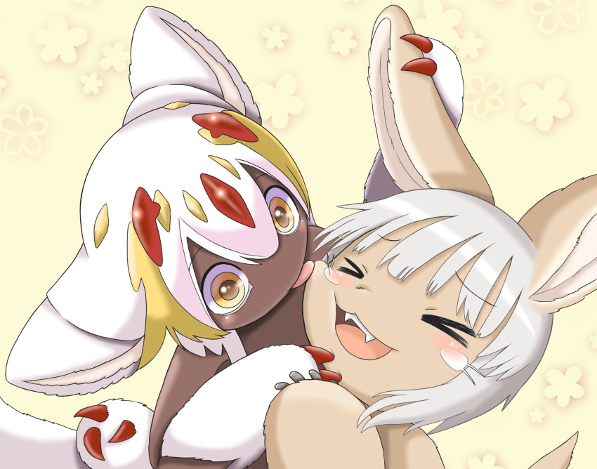 &gt;_&lt; 1girl 1other animal_ears bad_id bad_twitter_id black_skin blonde_hair claws colored_skin extra_arms fangs faputa furry highres inactive_account licking licking_another's_face made_in_abyss monster_girl multicolored_hair nanachi_(made_in_abyss) open_mouth pita9412 rabbit_ears tongue tongue_out whiskers white_hair yellow_eyes