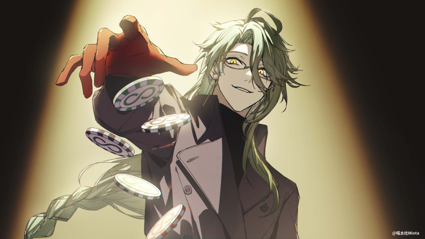 1boy absurdres ahoge baizhu_(genshin_impact) black_shirt braid coat commentary darkcatowo evil_smile genshin_impact glasses gloves green_hair grey_coat hair_between_eyes highres long_hair long_sleeves looking_at_viewer male_focus open_hand poker_chip red_gloves shirt smile solo symbol-only_commentary upper_body yellow_eyes