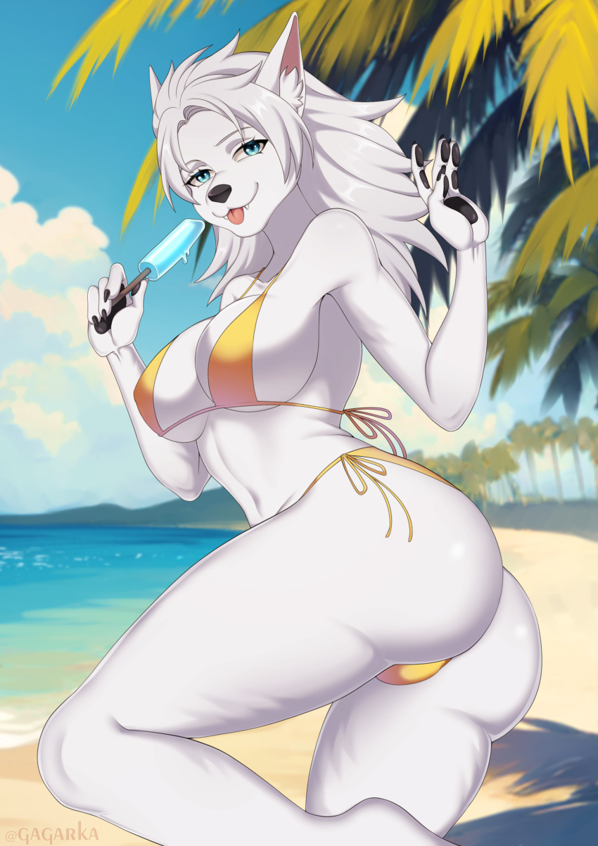 absurd_res anthro beach bikini blizzard_entertainment blue_eyes canid clothing female food gagarka hi_res lexi_joyhart looking_at_viewer mammal palm_tree plant popsicle sea seaside smile smiling_at_viewer solo swimwear tongue tongue_out tree warcraft water were werecanid worgen