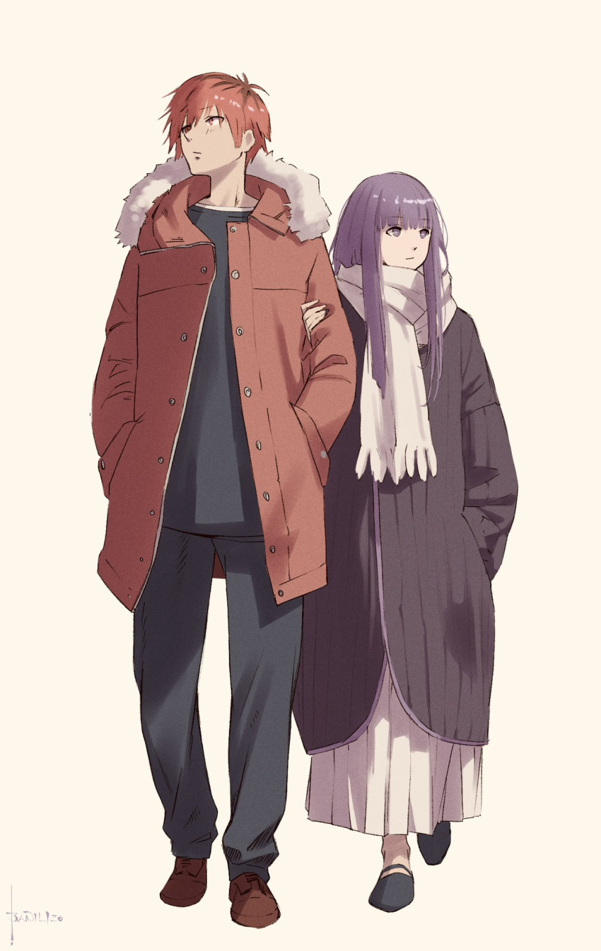 1boy 1girl adapted_costume bani-lizo black_coat black_footwear black_hair black_pants black_shirt blunt_bangs closed_mouth coat dress enpera fern_(sousou_no_frieren) full_body fur-trimmed_jacket fur_trim hand_in_pocket hand_on_another's_arm hand_up hands_in_pockets highres hood hood_down hooded_jacket jacket long_hair long_sleeves looking_to_the_side multicolored_hair pants pleated_dress purple_eyes purple_hair red_eyes red_footwear red_hair red_jacket scarf shirt shoes short_hair sidelocks simple_background sousou_no_frieren stark_(sousou_no_frieren) straight_hair streaked_hair walking white_background white_dress white_scarf