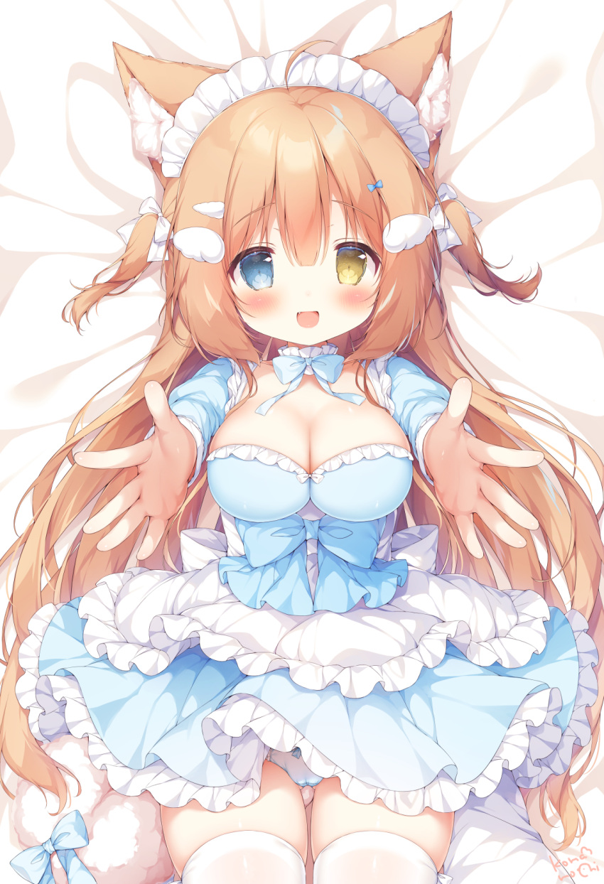 1girl :d ahoge animal_ears blue_dress blue_eyes blue_panties blush bow bowtie breasts cleavage commentary_request cowboy_shot dot_nose dress fang fox_ears frilled_dress frills hair_between_eyes heterochromia highres incoming_hug large_breasts long_hair looking_at_viewer lying momozu_komamochi on_back on_bed orange_hair original panties pantyshot reaching reaching_towards_viewer signature skindentation smile solo thighhighs thighs two_side_up underwear upskirt very_long_hair waist_bow white_headdress yellow_eyes zettai_ryouiki