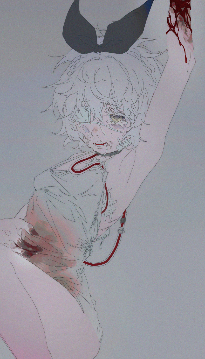 1girl absurdres arm_up armpits bandaid bandaid_on_face black_bow blood blood_on_arm blood_on_hands bow breasts catheter collar cowboy_shot crying crying_with_eyes_open eyepatch grey_background hair_bow highres hospital_gown li_xueyao medical_eyepatch original parted_lips saliva short_hair simple_background sketch small_breasts snot solo surgical_scar tears white_hair yellow_eyes