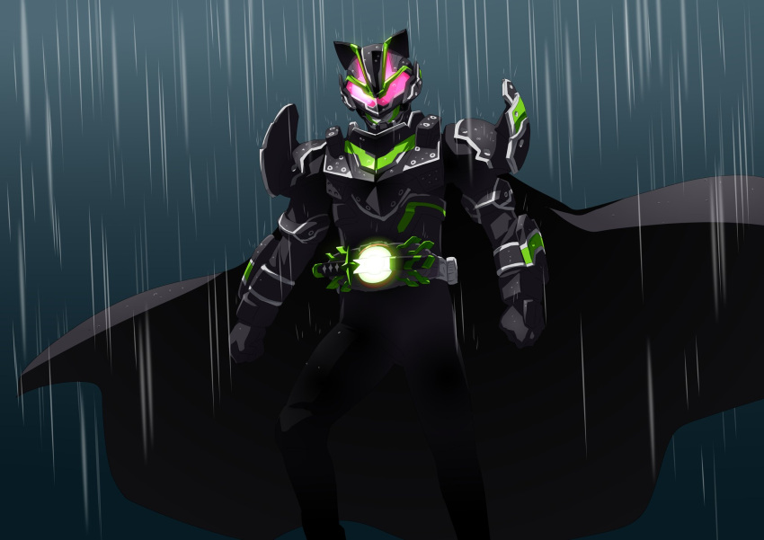 1boy animal_ears armor black_armor black_bodysuit black_cape bodysuit cape clenched_hands contrapposto glowing glowing_eyes highres kamen_rider kamen_rider_geats_(series) kamen_rider_tycoon kamen_rider_tycoon_(shogun) male_focus night otokamu power_armor raccoon_ears rain raise_buckle red_eyes shogun standing tanuki water_drop