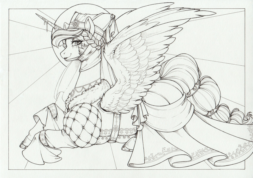 absurd_res clothed clothing equid equine eyebrow_through_hair eyebrows eyelashes female feral friendship_is_magic hair hasbro hi_res hooves horn longinius looking_at_viewer mammal monochrome my_little_pony princess_celestia_(mlp) quadruped solo tail traditional_media_(artwork) translucent translucent_hair unicorn_horn winged_unicorn wings