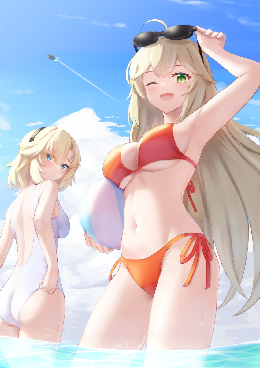 2girls ;d adjusting_clothes adjusting_swimsuit arm_up ass backless_swimsuit ball beachball bikini black_hairband blue_eyes blue_sky breasts character_request closed_mouth cloud cloudy_sky embarrassed eyewear_on_head green_eyes guardian_tales hair_between_eyes hairband highres holding holding_ball holding_beachball irrwisch looking_at_viewer looking_back looking_down medium_breasts medium_hair multiple_girls navel one-piece_swimsuit one_eye_closed red_bikini side-tie_bikini_bottom sky smile standing sunglasses sweat swimsuit wading white_one-piece_swimsuit