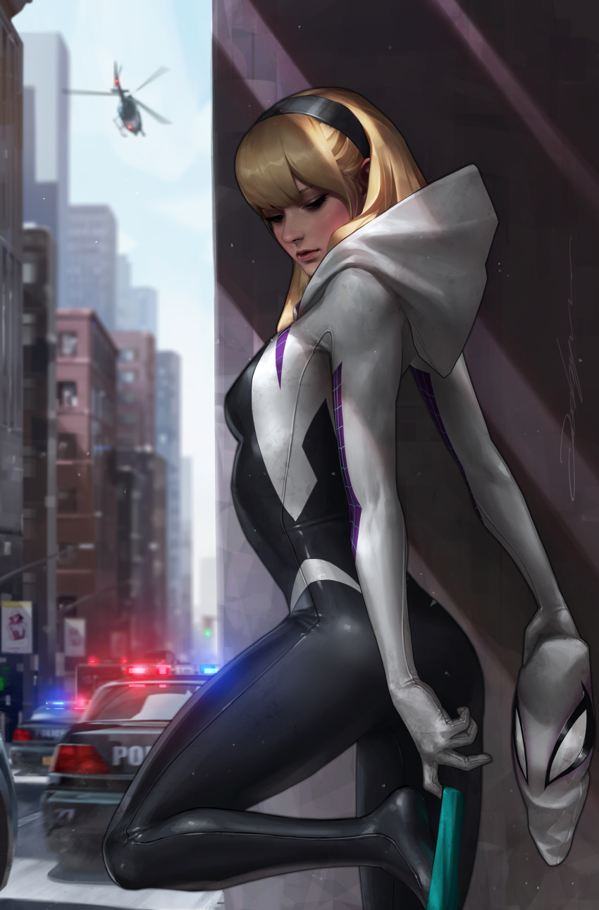 1girl absurdres aircraft blonde_hair building car cityscape gwen_stacy helicopter highres jee-hyung_lee marvel motor_vehicle outdoors police_car sky spider-gwen spider-man_(series)