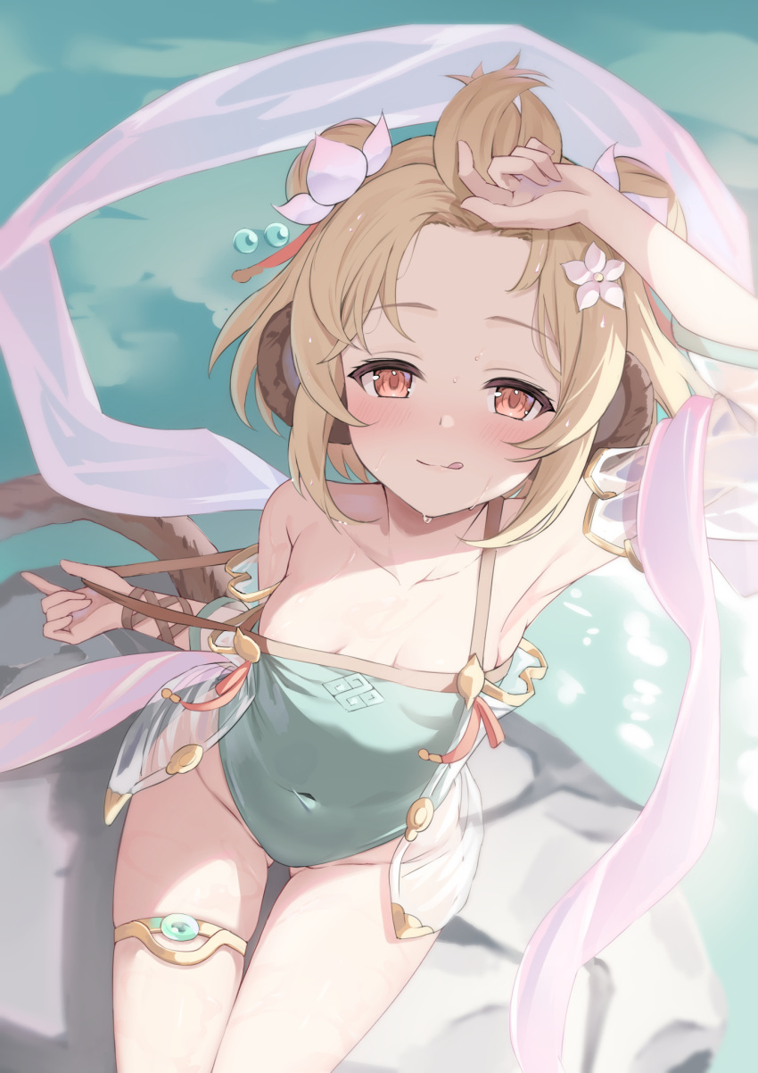 1girl andira_(granblue_fantasy) andira_(summer)_(granblue_fantasy) animal_ears arm_up armpits bare_shoulders blonde_hair blush breasts brown_eyes casual_one-piece_swimsuit closed_mouth clothes_pull collarbone covered_navel double_bun erune forehead from_above granblue_fantasy green_one-piece_swimsuit hair_bun half-closed_eyes highres kimblee licking_lips looking_at_viewer looking_up monkey_ears monkey_girl monkey_tail official_alternate_costume official_alternate_hairstyle one-piece_swimsuit one-piece_swimsuit_pull see-through see-through_sleeves sitting small_breasts smile solo swimsuit tail thighlet tongue tongue_out wet