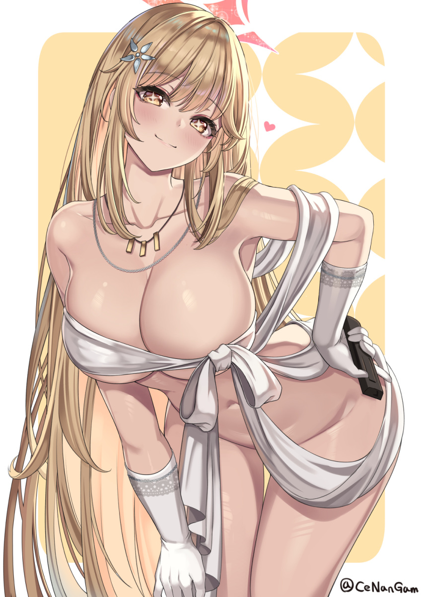 1girl bare_shoulders blonde_hair blue_archive blush bottomless breasts cenangam cleavage closed_mouth collarbone elbow_gloves gloves hair_ornament halo highres jewelry large_breasts long_hair looking_at_viewer navel necklace red_halo shokuhou_misaki smile solo sparkling_eyes symbol-shaped_pupils thighs toaru_kagaku_no_railgun toaru_majutsu_no_index twitter_username white_gloves yellow_eyes
