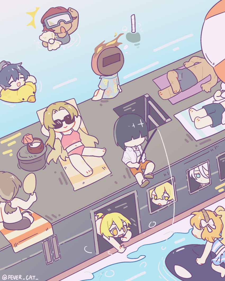 1other 5boys 6+girls beach_chair black_hair blue_eyes brown_hair chibi clam coconut dante_(limbus_company) don_quixote_(project_moon) faust_(project_moon) fevercat heathcliff_(project_moon) high_ponytail highres holding holding_shell hong_lu_(project_moon) innertube ishmael_(project_moon) jacket limbus_company long_hair low_ponytail mephistopheles_(project_moon) multiple_boys multiple_girls navel orange_hair orange_shorts outis_(project_moon) project_moon rodion_(project_moon) ryoshu_(project_moon) shell shorts sinclair_(project_moon) sitting sunbathing very_long_hair white_jacket yi_sang_(project_moon)