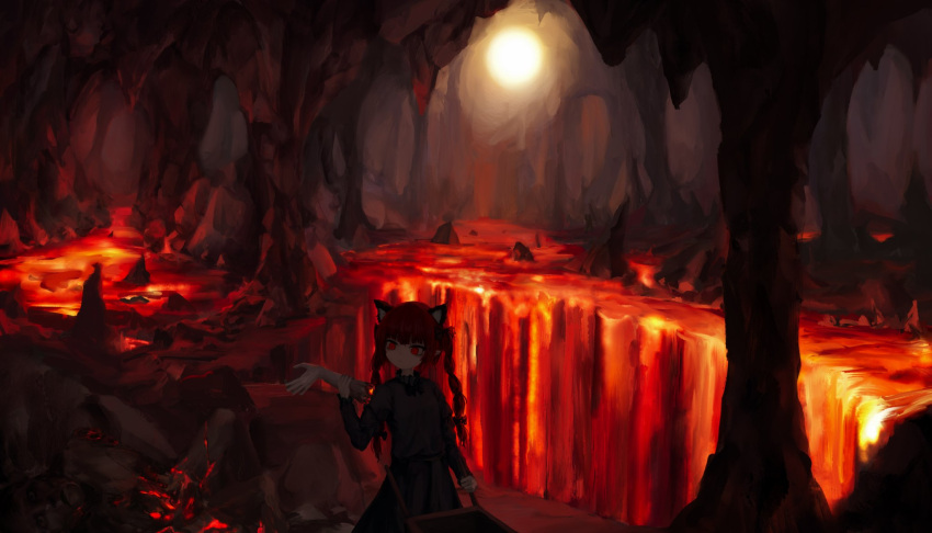1girl animal_ears braid cat_ears cat_girl cat_tail cave cave_interior corpse disembodied_limb dress highres kaenbyou_rin long_hair molten_rock red_eyes red_hair reverinth rock side_braids solo stalactite stalagmite tail touhou twin_braids wheelbarrow