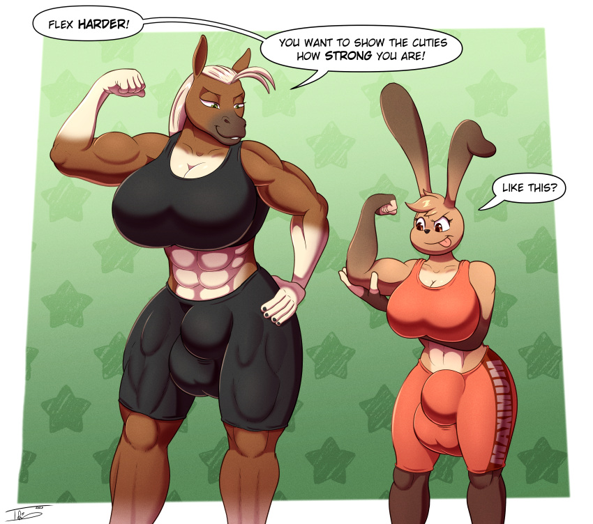 abs absurd_res big_breasts breasts bulge cherry_popper duo english_text equid equine flexing gym_clothing hi_res horse huge_breasts humanoid intersex juniper_(freckles) lagomorph leporid mammal muscular muscular_intersex rabbit speech_bubble text tohilewd