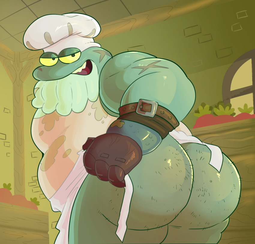 2023 amphibia_(series) amphibian anthro apron belly big_belly butt chef_hat clothing detailed_background disney frog hat haxsmack headgear headwear hi_res inside looking_at_viewer looking_back male overweight overweight_male presenting presenting_hindquarters scar solo stumpy_stumpson