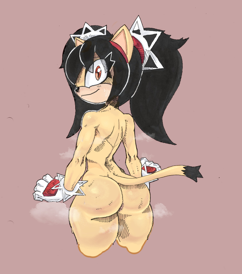 anthro big_butt bodily_fluids butt clothing colono domestic_cat felid feline felis female gloves handwear hi_res honey_the_cat mammal nude sega solo sonic_the_fighters sonic_the_hedgehog_(series) sweat wide_hips