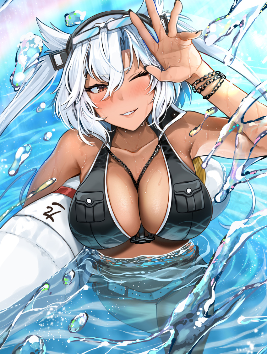 1girl absurdres bad_anatomy belt black_nails blush breasts cleavage collarbone eyewear_on_head fingernails glasses grey_hair hair_between_eyes highres kantai_collection large_breasts long_hair looking_at_viewer musashi_(kancolle) nail_polish one_eye_closed open_mouth red_eyes smile solo two_side_up water water_drop white_belt yunamaro