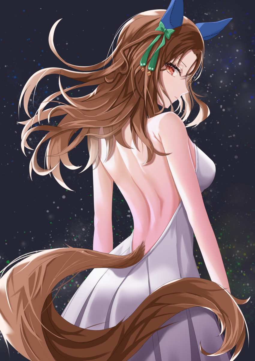 1girl absurdres alternate_costume animal_ears backless_dress backless_outfit bare_shoulders bow breasts brown_hair commentary_request cowboy_shot dress ear_bow ear_covers from_behind green_bow highres horse_ears horse_girl horse_tail king_halo_(umamusume) long_hair medium_breasts outdoors red_eyes sky solo star_(sky) starry_sky tail tsuyusora umamusume white_dress