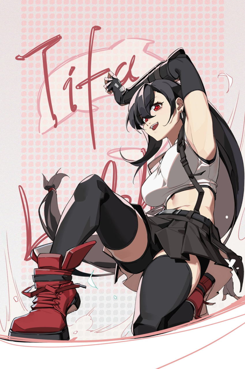 1girl arm_up armpits asymmetrical_bangs belt bike_shorts_under_skirt black_hair black_skirt black_thighhighs boots breasts character_name commentary crop_top crow0cc dolphin earrings final_fantasy final_fantasy_vii final_fantasy_vii_remake fingerless_gloves full_body gloves gradient_background highres jewelry large_breasts long_hair low-tied_long_hair midriff on_one_knee open_mouth patterned_background red_eyes red_footwear single_earring skirt smile solo suspender_skirt suspenders tank_top teardrop_earrings teeth thighhighs tifa_lockhart upper_teeth_only very_long_hair white_tank_top