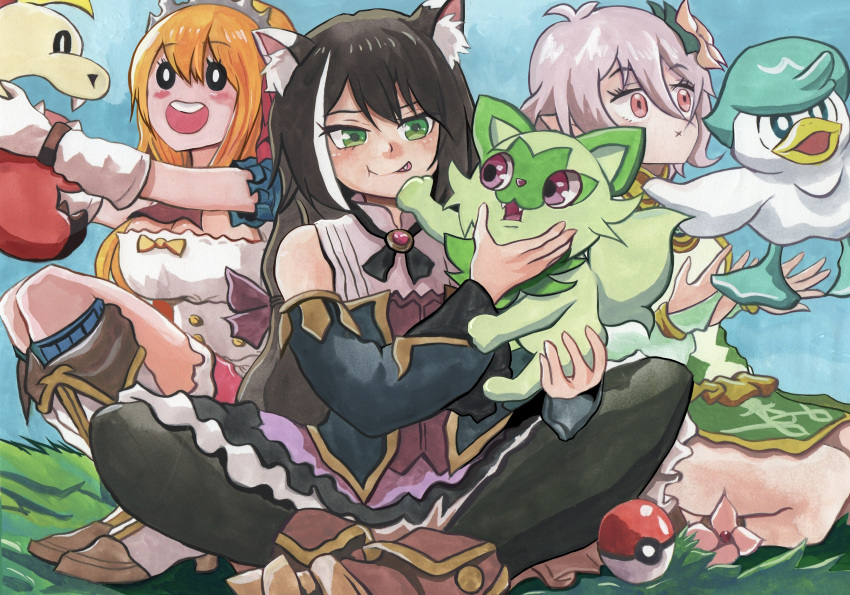 3girls :d :x absurdres animal_ears back_hair bird black_pantyhose black_sclera breasts brown_footwear cat cleavage colored_sclera crossed_legs day detached_sleeves eye_contact fang flower fuecoco grass green_eyes grey_hair highres karyl_(princess_connect!) kokkoro_(princess_connect!) large_breasts long_sleeves looking_at_another multicolored_hair multiple_girls open_mouth orange_hair outdoors pantyhose pecorine_(princess_connect!) pink_eyes poke_ball pokemon pokemon_(creature) princess_connect! quaxly sitting smile sprigatito streaked_hair tsuchiyamashige