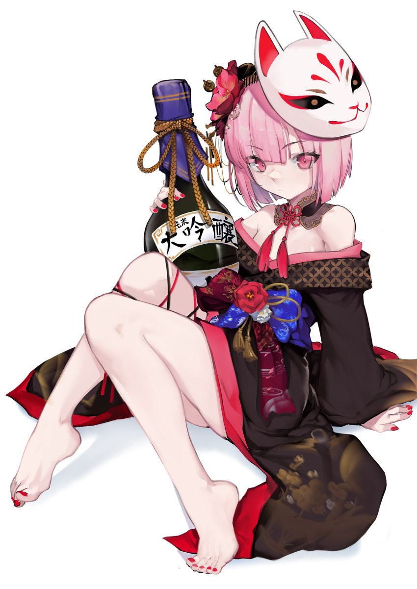 1girl arm_support babyg_wong barefoot black_kimono blunt_bangs bottle flower fox_mask full_body hair_flower hair_ornament highres hololive hololive_english japanese_clothes kimono knees_together_feet_apart knees_up looking_at_viewer mask mori_calliope mori_calliope_(new_year) nail_polish pink_eyes pink_hair print_kimono red_nails short_hair sitting solo white_background