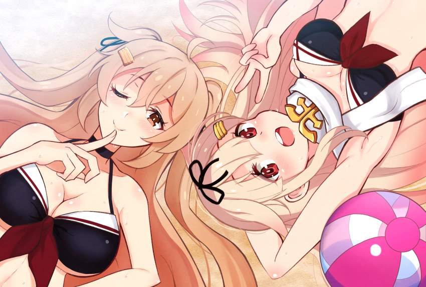 2girls adapted_costume ball beachball bikini black_bikini black_ribbon blonde_hair breasts cleavage hair_flaps hair_ornament hair_ribbon hairclip highres kantai_collection kuroten large_breasts light_brown_hair long_hair looking_at_viewer medium_breasts multiple_girls murasame_(kancolle) murasame_kai_ni_(kancolle) one_eye_closed open_mouth red_eyes ribbon round_teeth scarf swimsuit teeth two_side_up upper_body upper_teeth_only v white_scarf yuudachi_(kancolle) yuudachi_kai_ni_(kancolle)