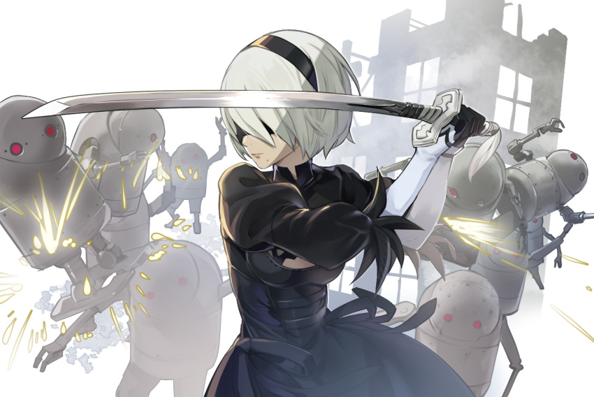 1girl abandoned battle black_blindfold black_dress black_hairband blindfold building closed_mouth clothing_cutout covered_eyes dress feather-trimmed_sleeves feather_trim fighting_stance hairband holding holding_sword holding_weapon juliet_sleeves katana long_sleeves mole mole_under_mouth nier:automata nier_(series) nyoro_(nyoronyoro000) puffy_sleeves robot science_fiction solo standing sword weapon white_hair yorha_no._2_type_b