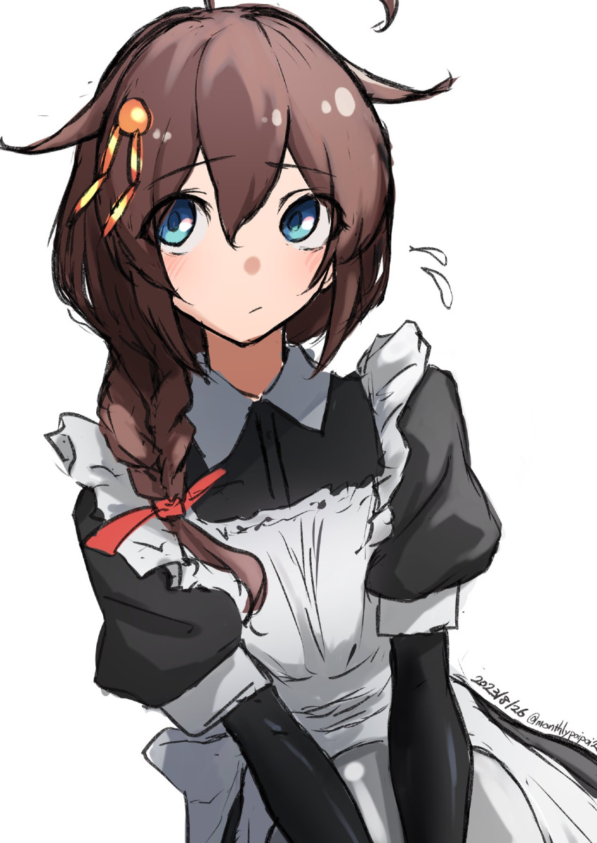 1girl ahoge alternate_costume apron black_bodysuit black_dress blue_eyes bodysuit braid brown_hair closed_mouth dated dress enmaided flying_sweatdrops hair_flaps hair_ornament hair_over_shoulder hair_ribbon highres kantai_collection long_hair maid red_ribbon ribbon shigure_(kancolle) shigure_kai_ni_(kancolle) simple_background single_braid sketch solo twitter_username umibudou upper_body white_apron white_background