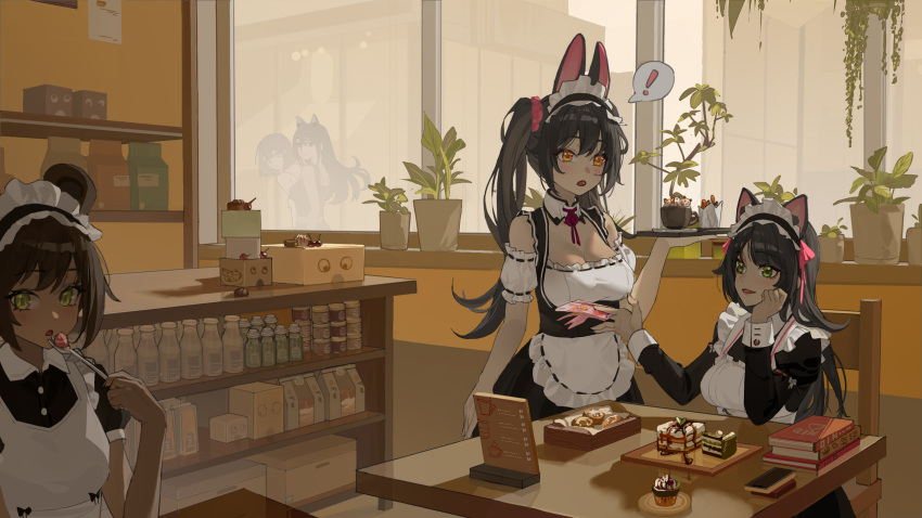 ! 5girls :o animal_ears apron bear_ears bear_girl black_dress black_hair blush book book_stack breasts brown_hair cafe cake cake_slice cat_ears cat_girl chair cinnamon_roll cleavage commentary_request counter cup dark-skinned_female dark_skin dress food fork fruit green_eyes hair_ornament hair_scrunchie hand_on_own_cheek hand_on_own_face hanging_plant head_rest highres holding holding_fork holding_tray indoors juliet_sleeves large_breasts long_hair long_sleeves looking_at_viewer maid maid_apron maid_headdress menu multiple_girls neck_ribbon original parted_lips pink_scrunchie plant potted_plant puffy_sleeves rabbit_ears rabbit_girl red_ribbon ribbon saucer scrunchie side_ponytail sitting smile spoken_exclamation_mark strawberry table teacup tray waist_apron white_apron window wudongyouyi yellow_eyes