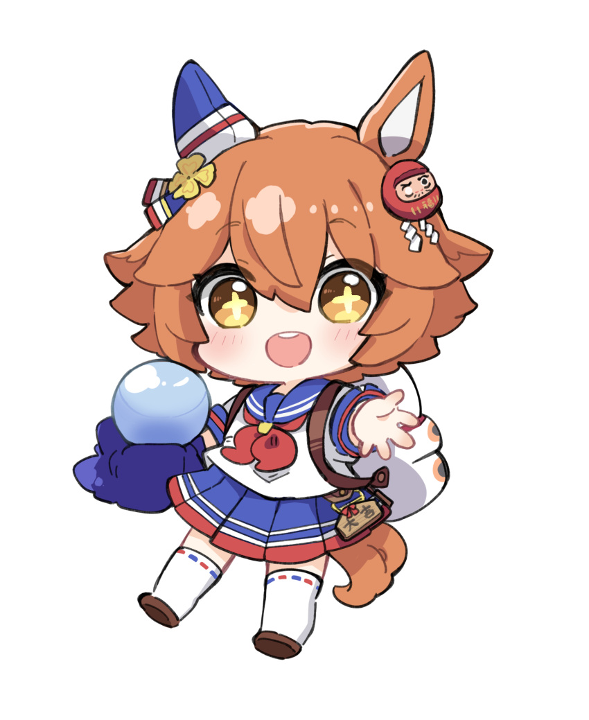 +_+ 1girl :d animal_ears backpack bag blue_sailor_collar blue_skirt blush brown_eyes brown_footwear chibi commentary_request crystal_ball daruma_doll flower full_body hair_between_eyes hair_flower hair_ornament highres horse_ears horse_girl horse_tail looking_at_viewer maneki-neko matikanefukukitaru_(umamusume) neckerchief nozo_(hitomiz) orange_hair outstretched_arm pleated_skirt red_neckerchief ribbon-trimmed_legwear ribbon_trim round_teeth sailor_collar school_uniform serafuku shide shirt shoe_soles shoes short_sleeves simple_background skirt smile solo tail teeth thighhighs umamusume upper_teeth_only white_background white_shirt white_thighhighs yellow_flower