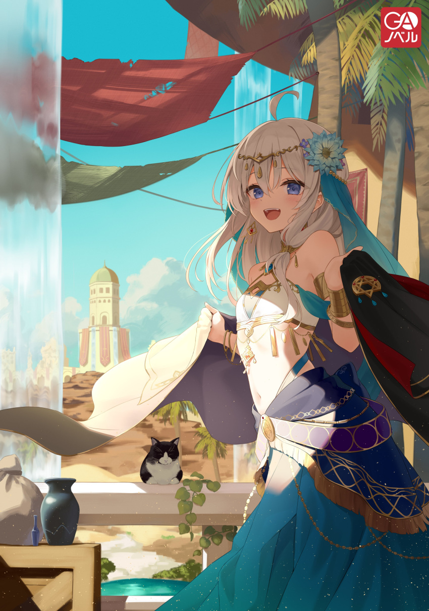 1girl absurdres ahoge azuuru bare_shoulders blue_eyes blue_flower blue_sky cloud cover cover_image dancer elaina_(majo_no_tabitabi) flower hair_between_eyes hair_flower hair_ornament highres holding holding_clothes long_hair looking_at_viewer majo_no_tabitabi multicolored_clothes navel novel_illustration official_art open_mouth outdoors sidelocks sky smile solo standing teeth tower upper_teeth_only white_hair