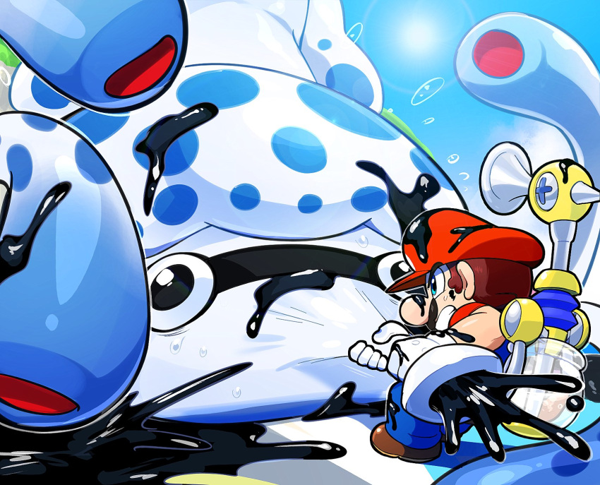 1boy brown_hair clenched_teeth day f.l.u.d.d. facial_hair flying_sweatdrops gloves gooper_blooper hat highres hoshi_(star-name2000) ink male_focus mario mario_(series) mustache outdoors pulling sky super_mario_sunshine sweat teeth white_gloves