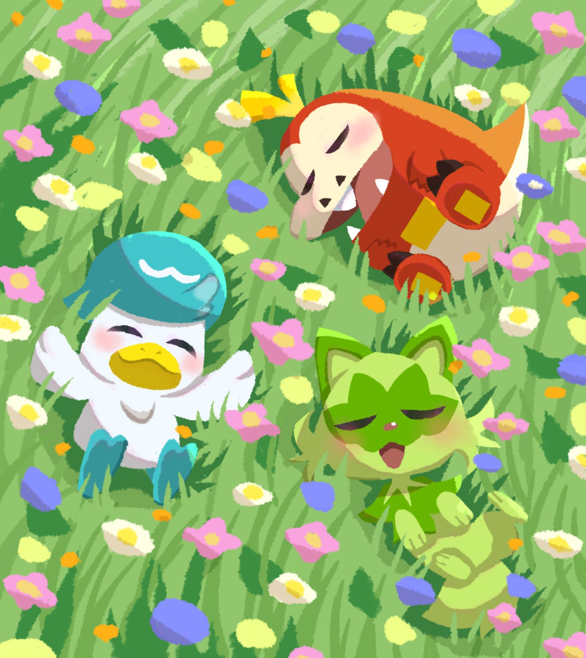 blush closed_eyes closed_mouth commentary_request day fangs flower from_above fuecoco grass highres lying no_humans open_mouth outdoors pokemon pokemon_(creature) quaxly smile sprigatito starter_pokemon_trio tomozo_(muginosukejr)
