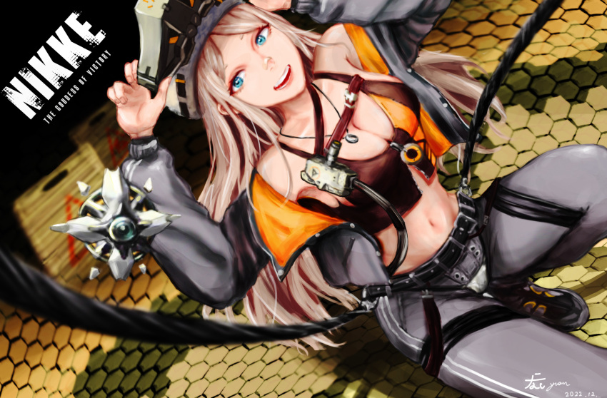 1girl bandaid bandaid_on_face bandaid_on_nose belt black_belt blonde_hair blue_eyes blush breasts centi_(nikke) cleavage codpiece crop_top goddess_of_victory:_nikke grey_jacket grey_pants helmet highres jacket jewelry long_hair looking_at_viewer medium_breasts midriff nasi55774200 navel necklace off_shoulder open_clothes open_jacket open_mouth pants sitting solo two-sided_fabric two-sided_jacket