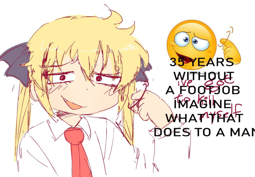 1girl blonde_hair constricted_pupils emoji english_text fang hair_ribbon highres implied_footjob kill_me_baby looking_at_viewer meme messy_hair necktie open_mouth pointing pointing_at_self poppos ribbon school_uniform sketch sonya_(kill_me_baby) upper_body white_background