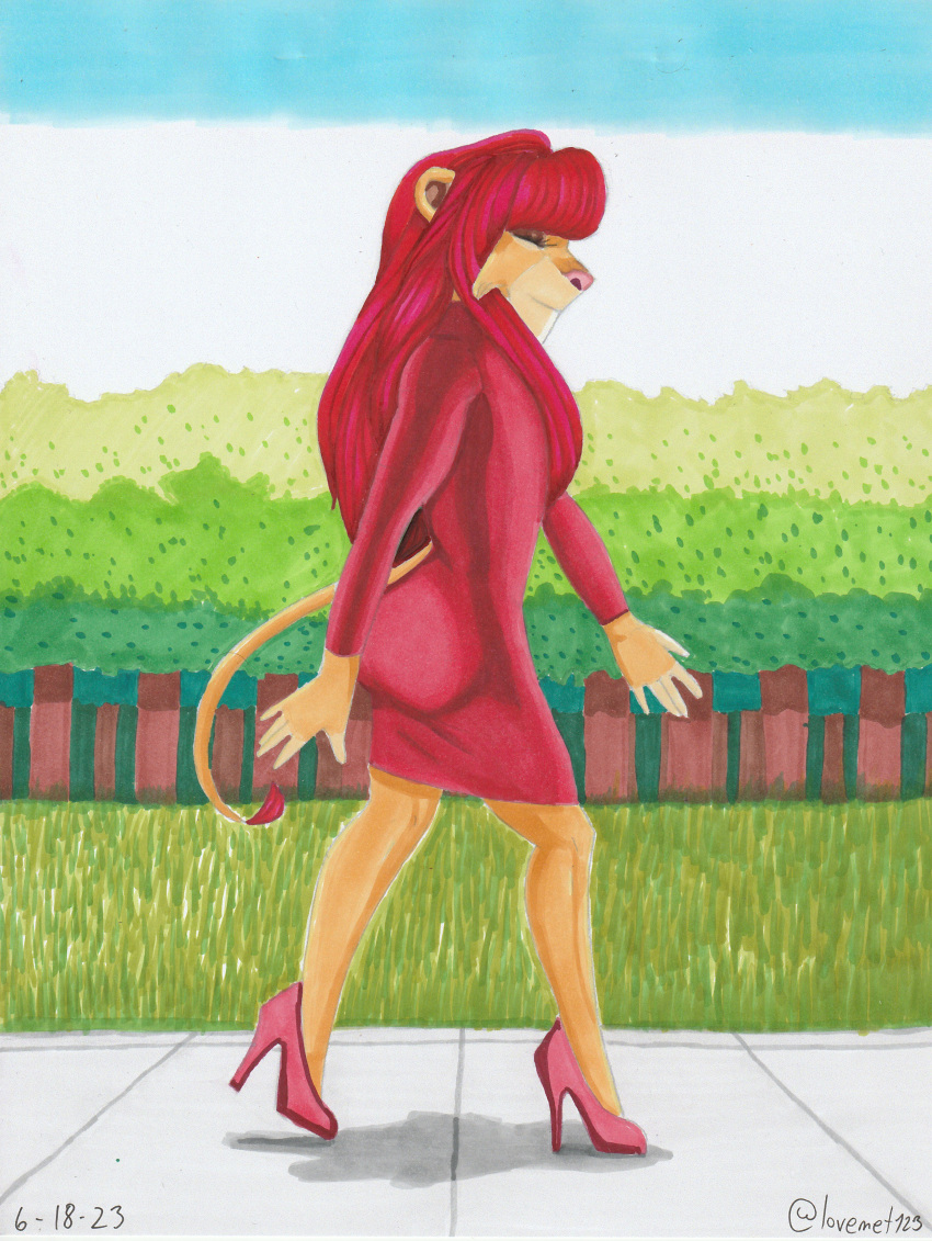 absurd_res anthro big_butt butt clothed clothing crossdressing disney dress felid footwear forest girly grass hair hi_res high_heels lion long_hair long_lashes lovemet123_(lovemet_room) male mammal nose outside pantherine plant sidewalk simba_(the_lion_king) sky solo solo_focus tail the_lion_king thighs tree