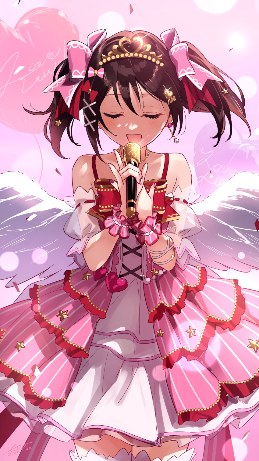 1girl :d absurdres black_hair bow closed_eyes copyright_name cowboy_shot detached_sleeves diadem dress earrings facing_viewer floating_hair hair_between_eyes hair_bow hair_ornament highres holding holding_microphone jewelry layered_dress long_hair love_live! love_live!_school_idol_project microphone music open_mouth pink_bow pink_dress red_bow see-through see-through_sleeves singing sleeveless sleeveless_dress smile solo standing thighhighs twintails wedo white_sleeves white_thighhighs white_wings wings x_hair_ornament yazawa_nico zettai_ryouiki