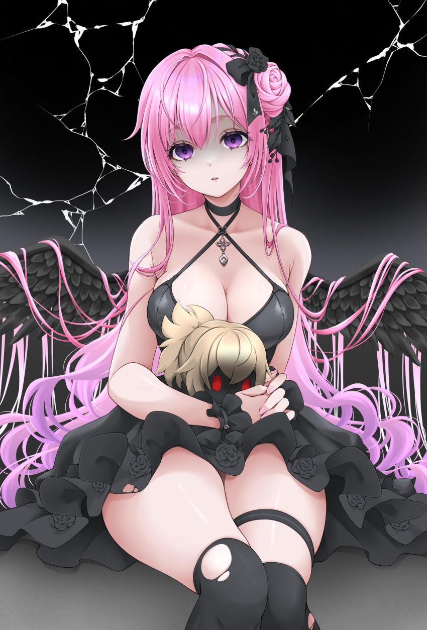 1girl black_dress black_ribbon black_thighhighs black_wings blonde_hair breasts broken_glass character_doll cleavage dorothy_(nikke) dorothy_(nostalgia)_(nikke) dress empty_eyes fake_wings feathered_wings frilled_dress frills glass goddess_of_victory:_nikke hair_bun hair_intakes hair_ribbon halter_dress halterneck highres holding large_breasts long_hair looking_at_viewer official_alternate_costume parted_lips pink_hair pinne_(nikke) piyopiyomaru_(piyo8823) purple_eyes red_eyes ribbon shaded_face skindentation solo thigh_strap thighhighs torn_clothes wings