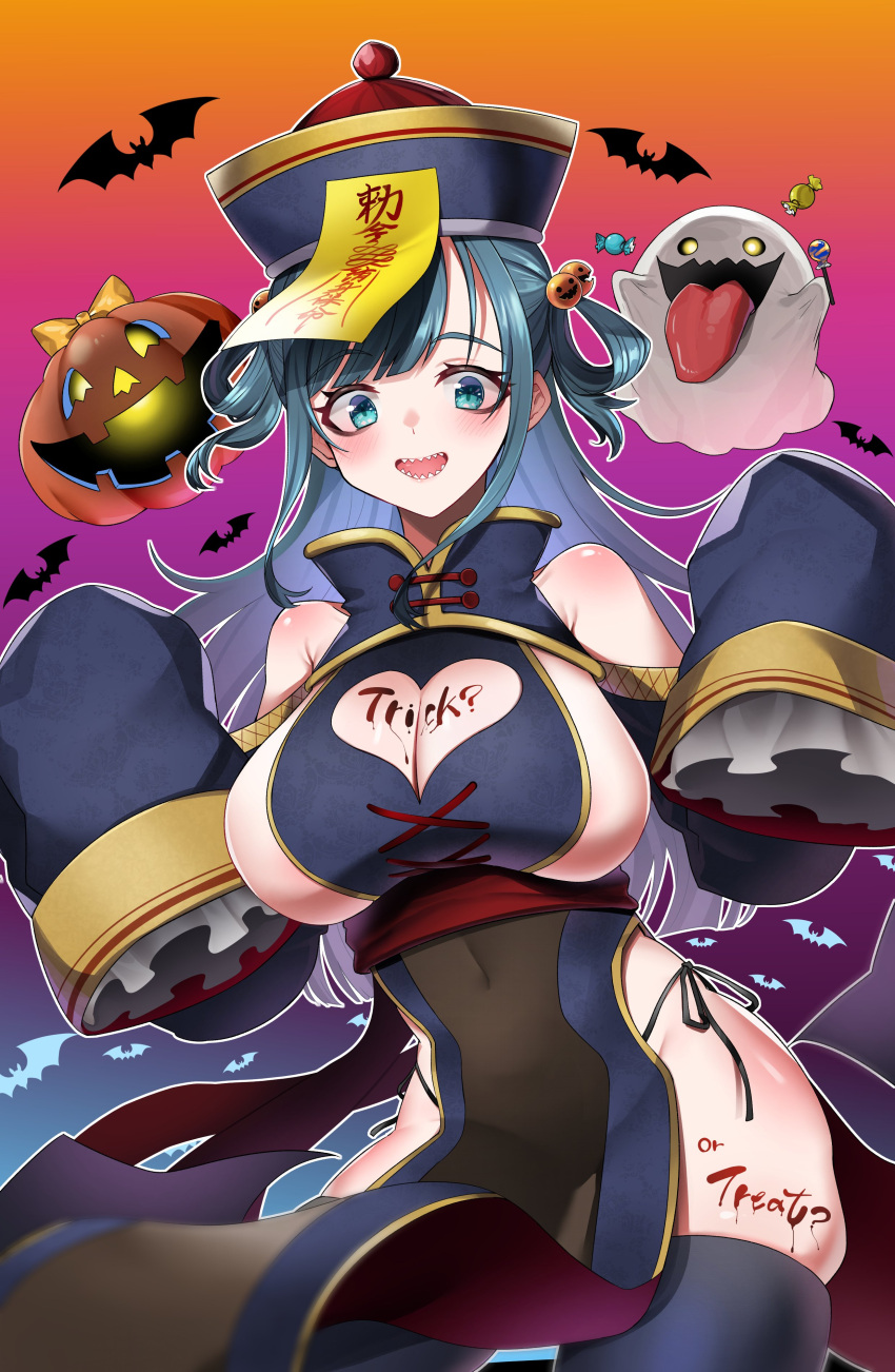 1girl absurdres amano_nene_(vtuber) black_dress black_thighhighs blue_hair blunt_bangs blush_stickers breasts china_dress chinese_clothes clothing_cutout commentary commission covered_navel dark_blue_hair dress english_commentary ghost gradient_background hair_ornament hair_rings halloween halloween_costume hat heart_cutout high_collar highres jack-o'-lantern jack-o'-lantern_hair_ornament jiangshi_costume large_breasts long_hair long_sleeves looking_at_viewer ofuda open_mouth outstretched_arms panties pelvic_curtain production_kawaii qing_guanmao second-party_source see-through_silhouette sharp_teeth shoulder_blush shoulder_cutout side-tie_panties sidelocks skeb_commission sleeves_past_fingers sleeves_past_wrists solo sui_hi_sf swept_bangs teeth thighhighs underwear virtual_youtuber zombie_pose