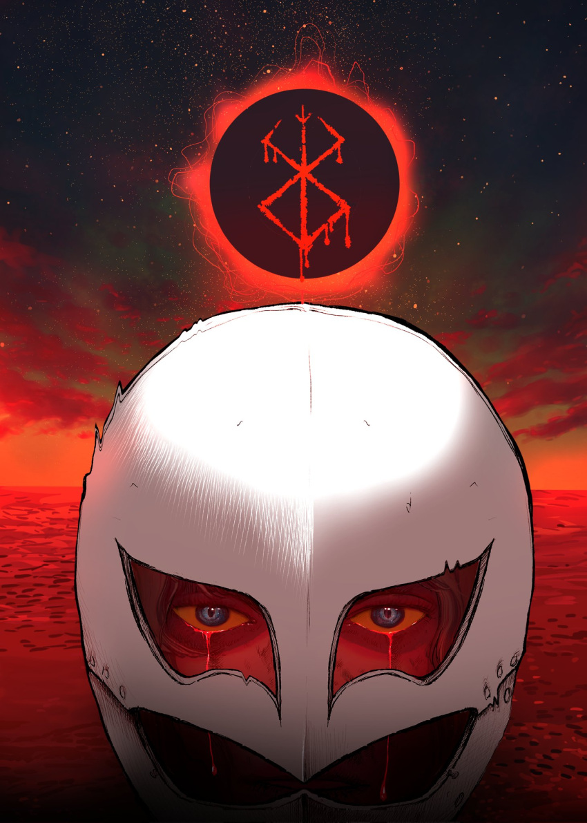 1boy berserk blood blood_from_eyes blue_eyes brand_of_sacrifice commentary eclipse english_commentary facing_viewer griffith_(berserk) helmet highres male_focus nisino2222 red_theme solar_eclipse solo straight-on